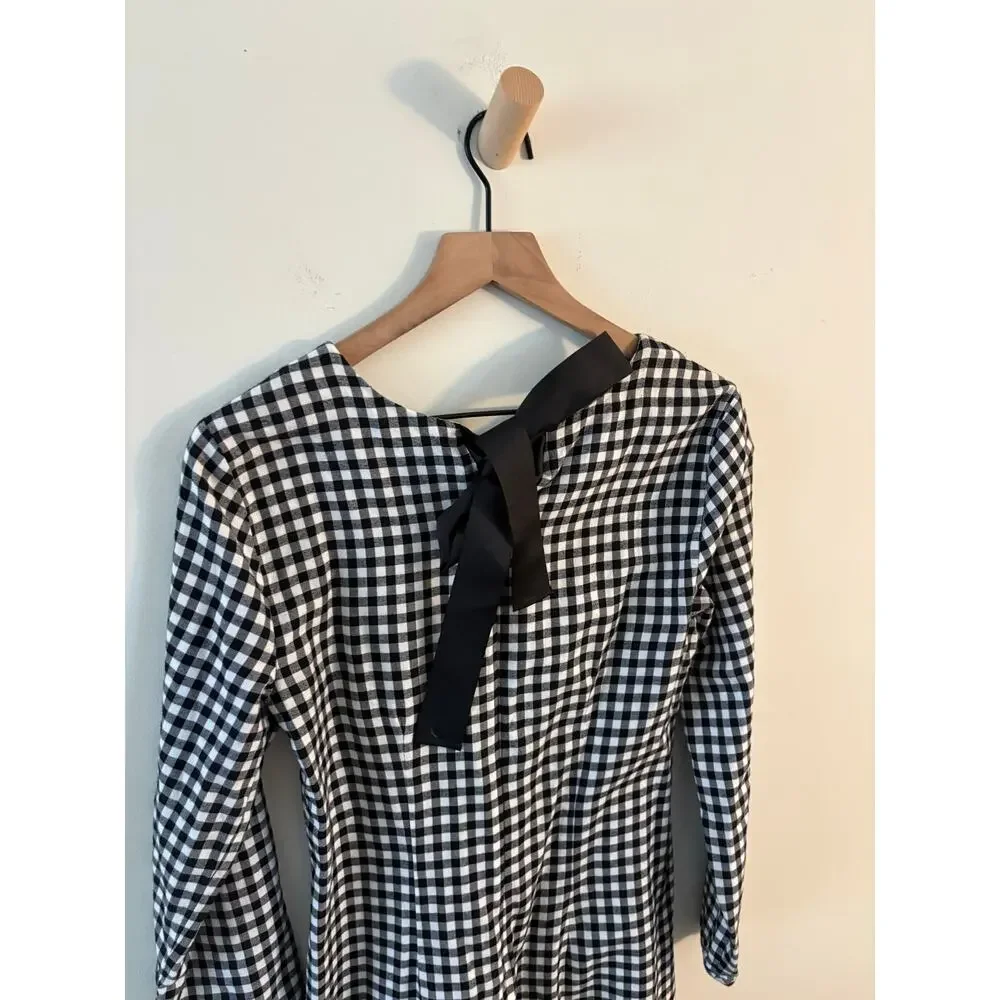 J. Crew Gingham Plaid Ruffle Dress XS Black White Tie Back Long Sleeve Twee